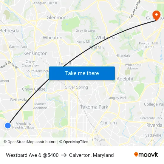 Westbard Ave & @5400 to Calverton, Maryland map