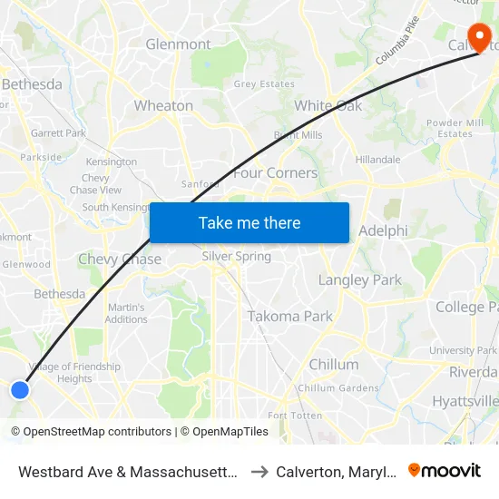 Westbard Ave & Massachusetts Ave to Calverton, Maryland map