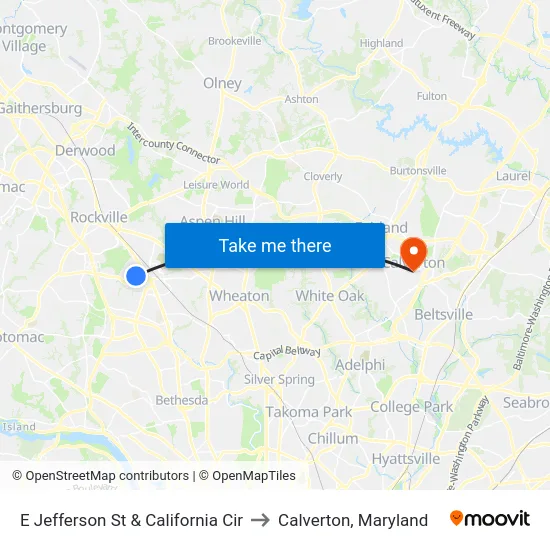 E Jefferson St & California Cir to Calverton, Maryland map