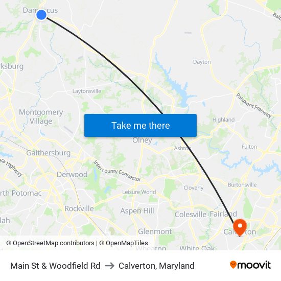 Main St & Woodfield Rd to Calverton, Maryland map