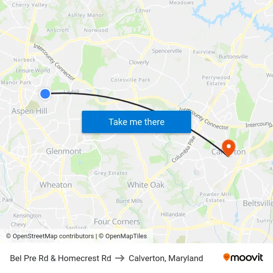 Bel Pre Rd & Homecrest Rd to Calverton, Maryland map