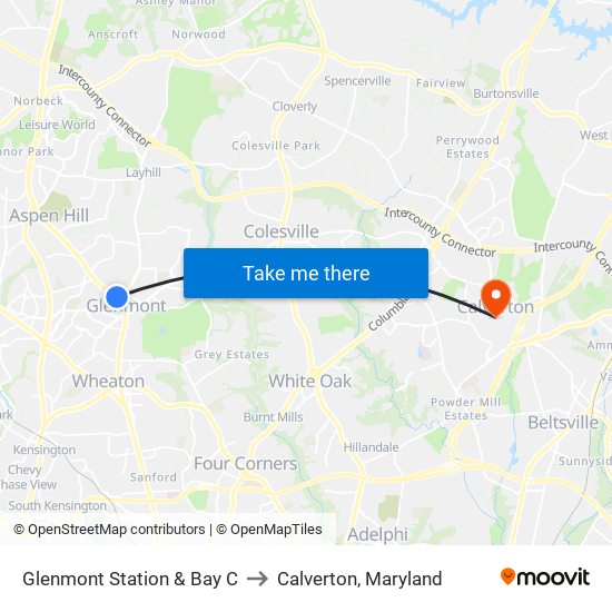 Glenmont Station & Bay C to Calverton, Maryland map