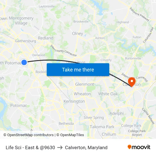 Life Sci - East & @9630 to Calverton, Maryland map