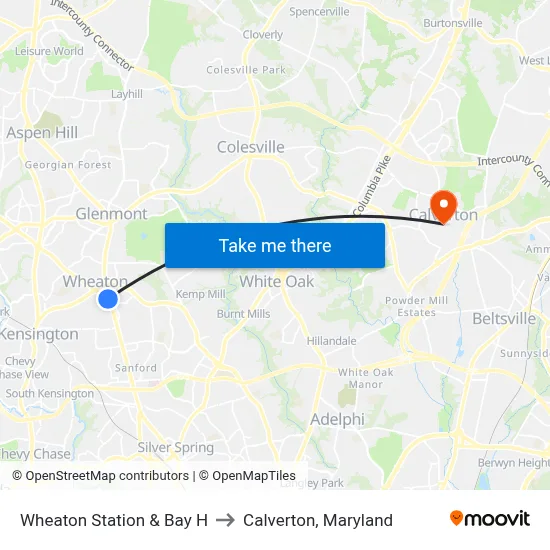 Wheaton Station & Bay H to Calverton, Maryland map