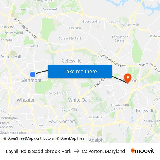 Layhill Rd & Saddlebrook Park to Calverton, Maryland map