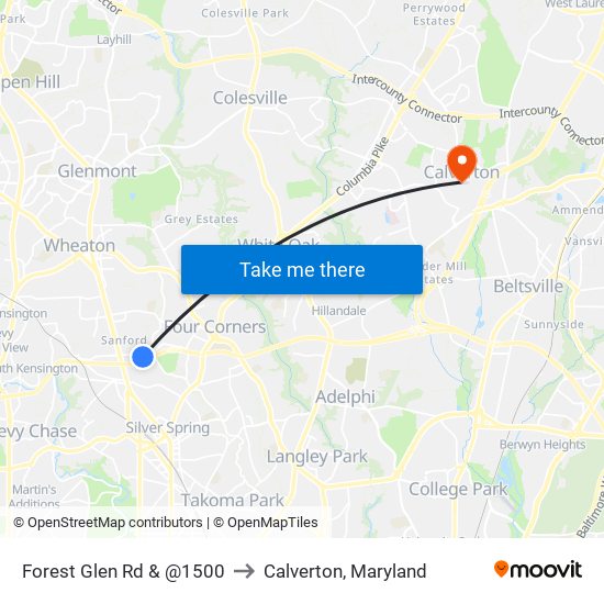 Forest Glen Rd & @1500 to Calverton, Maryland map