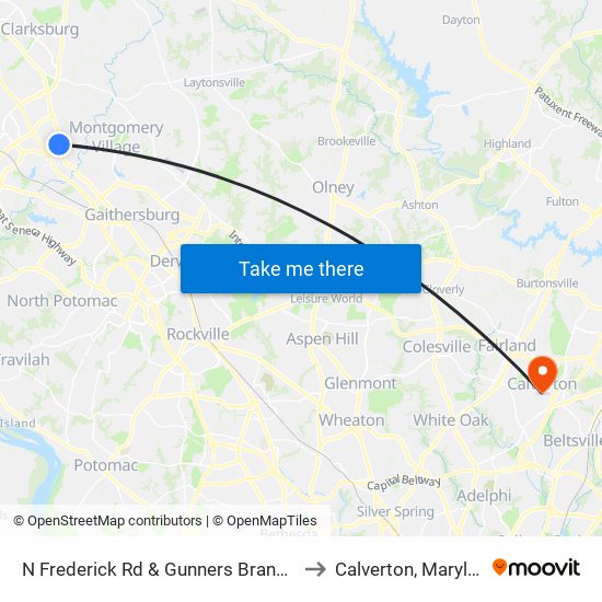 N Frederick Rd & Gunners Branch Rd to Calverton, Maryland map