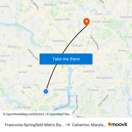 Franconia-Springfield Metro Bay H to Calverton, Maryland map