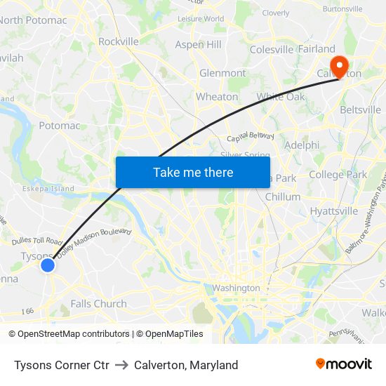 Tysons Corner Ctr to Calverton, Maryland map