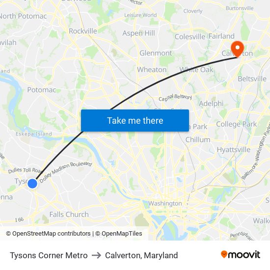 Tysons Corner Metro to Calverton, Maryland map