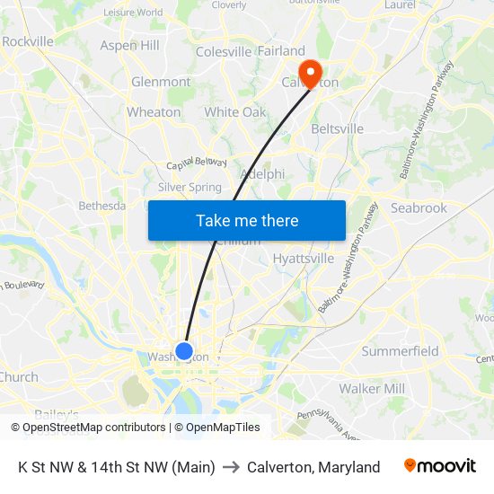 K St NW & 14th St NW (Main) to Calverton, Maryland map