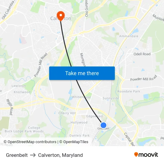 Greenbelt to Calverton, Maryland map