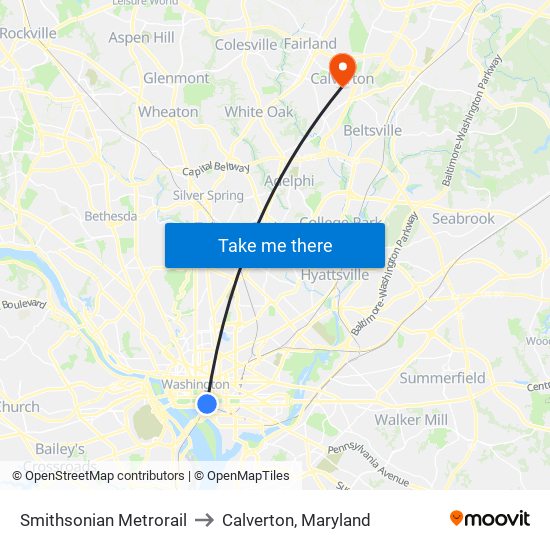 Smithsonian Metrorail to Calverton, Maryland map