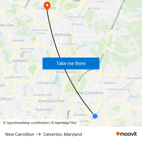 New Carrollton to Calverton, Maryland map