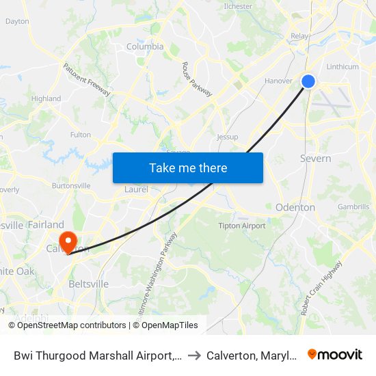 Bwi Thurgood Marshall  Airport, Md to Calverton, Maryland map