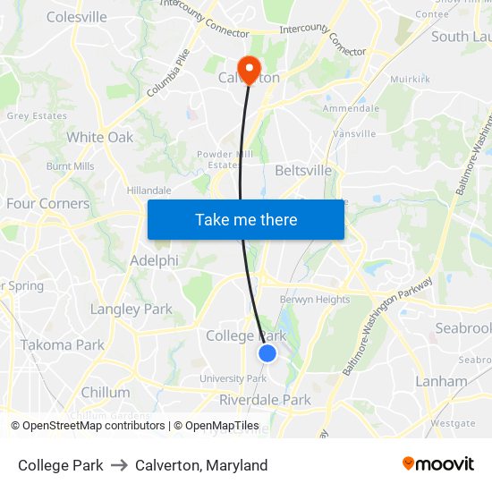 College Park to Calverton, Maryland map