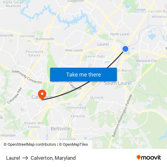 Laurel to Calverton, Maryland map