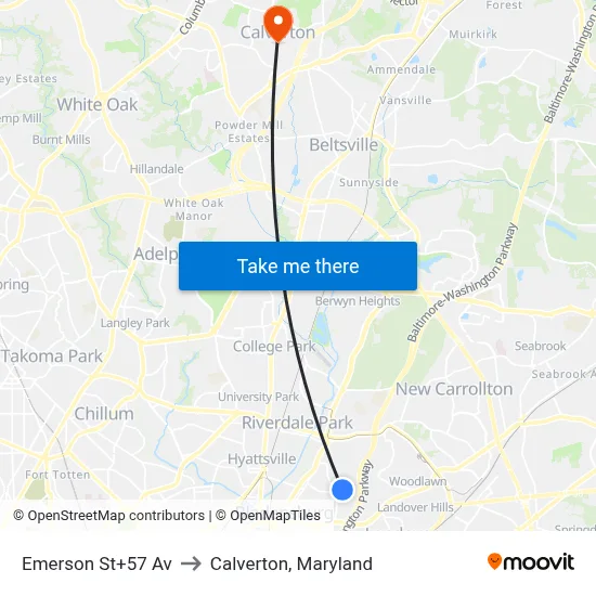 Emerson St+57 Av to Calverton, Maryland map