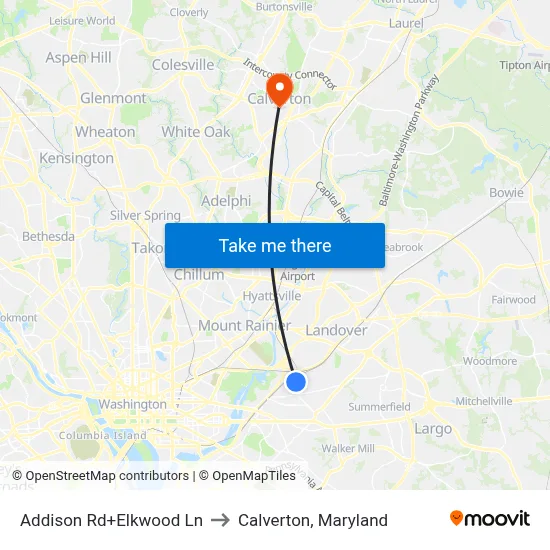 Addison Rd+Elkwood Ln to Calverton, Maryland map