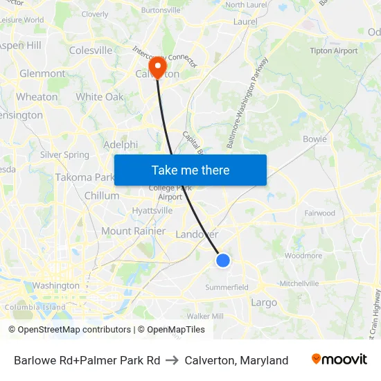 Barlowe Rd+Palmer Park Rd to Calverton, Maryland map