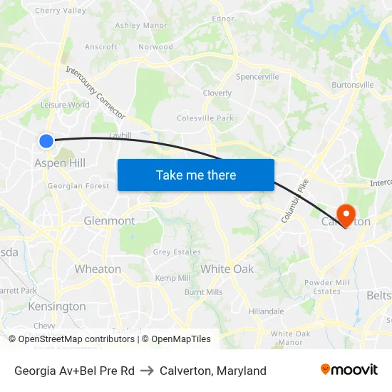 Georgia Av+Bel Pre Rd to Calverton, Maryland map