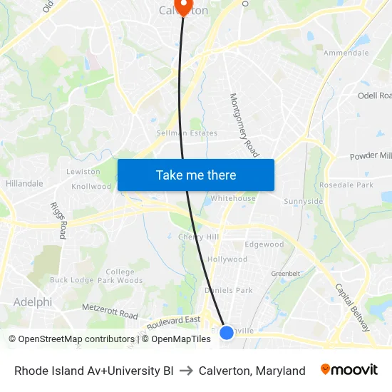 Rhode Island Av+University Bl to Calverton, Maryland map