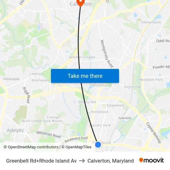 Greenbelt Rd+Rhode Island Av to Calverton, Maryland map