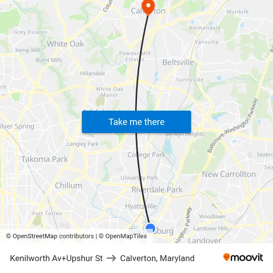 Kenilworth Av+Upshur St to Calverton, Maryland map