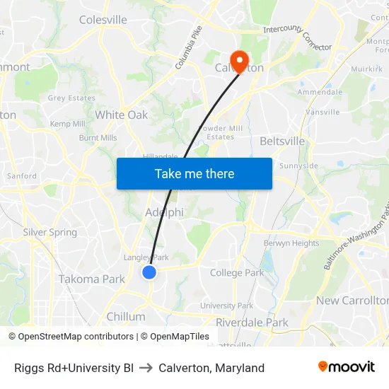 Riggs Rd+University Bl to Calverton, Maryland map