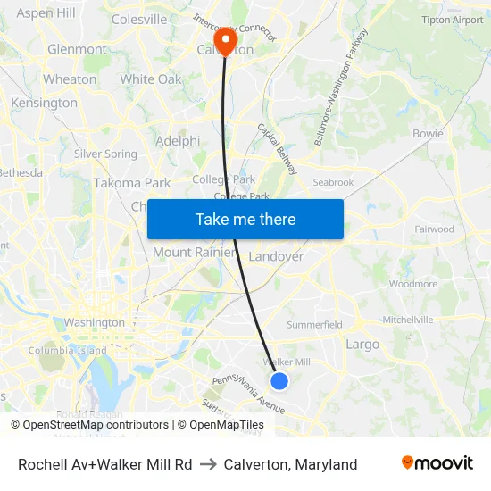 Rochell Av+Walker Mill Rd to Calverton, Maryland map