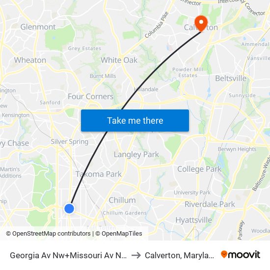 Georgia Av Nw+Missouri Av NW to Calverton, Maryland map