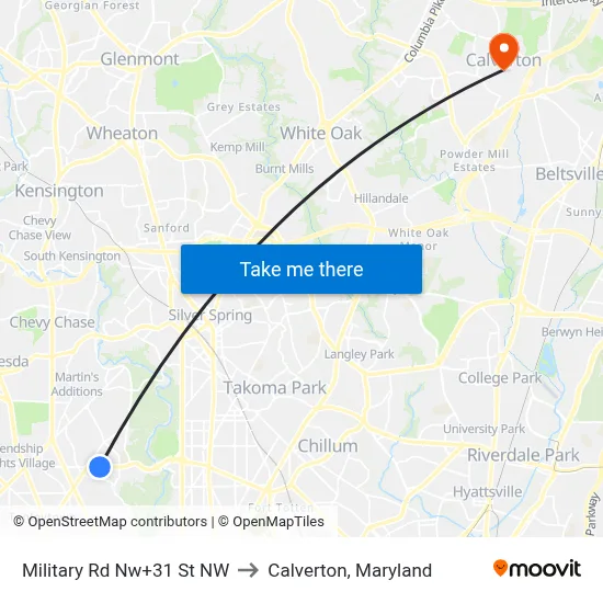 Military Rd Nw+31 St NW to Calverton, Maryland map