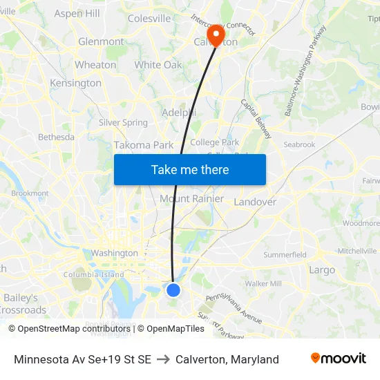 Minnesota Av Se+19 St SE to Calverton, Maryland map