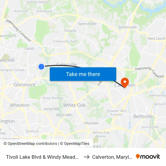 Tivoli Lake Blvd & Windy Meadow Ln to Calverton, Maryland map