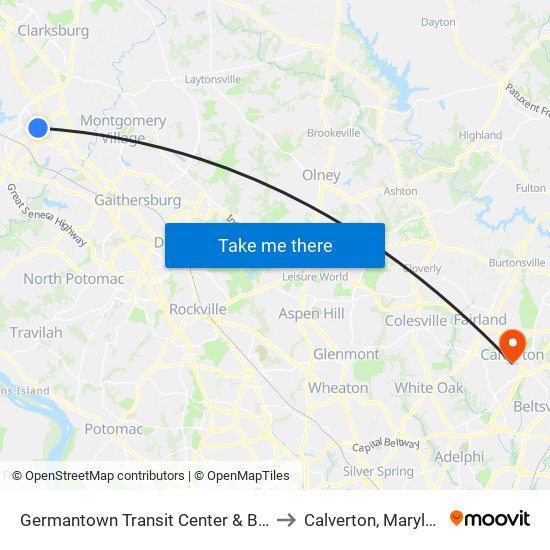 Germantown Transit Center & Bay B to Calverton, Maryland map