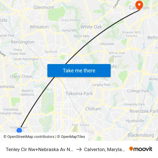 Tenley Cir Nw+Nebraska Av NW to Calverton, Maryland map