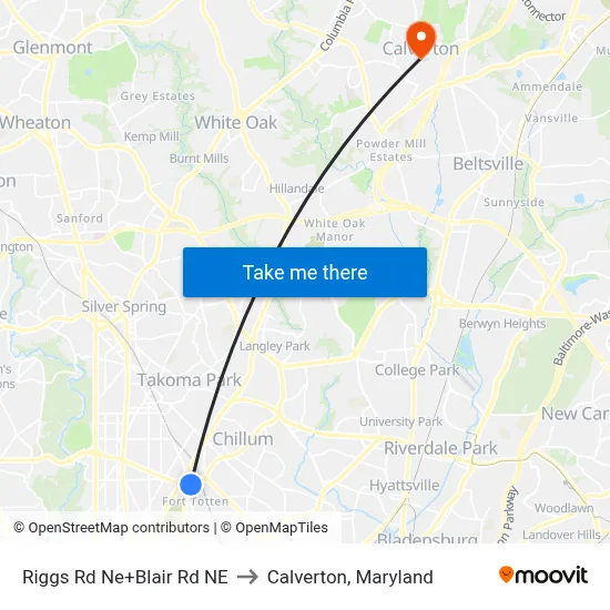 Riggs Rd Ne+Blair Rd NE to Calverton, Maryland map
