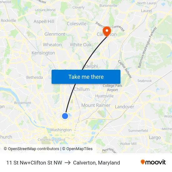 11 St Nw+Clifton St NW to Calverton, Maryland map