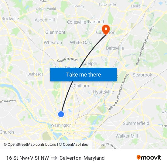 16 St Nw+V St NW to Calverton, Maryland map