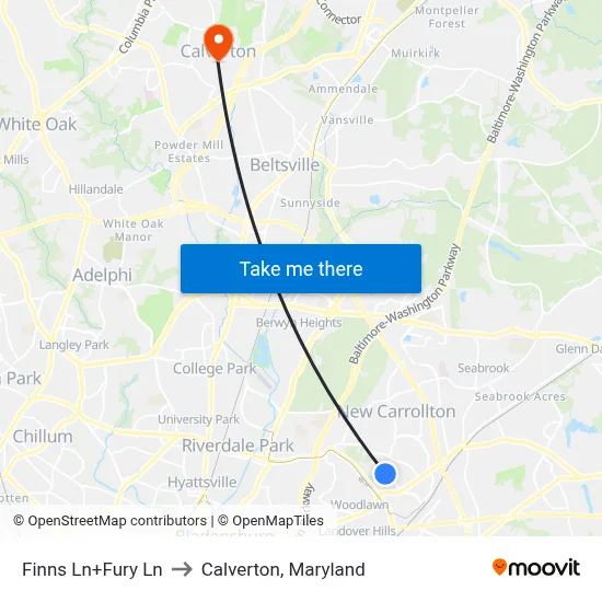 Finns Ln+Fury Ln to Calverton, Maryland map