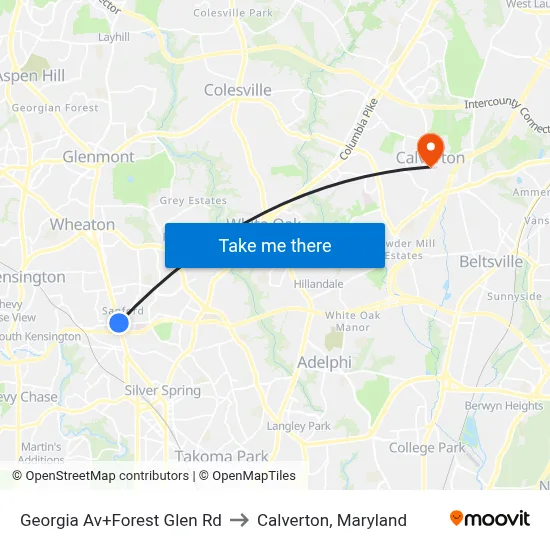 Georgia Av+Forest Glen Rd to Calverton, Maryland map