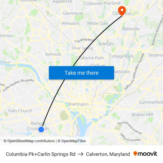 Columbia Pk+Carlin Springs Rd to Calverton, Maryland map