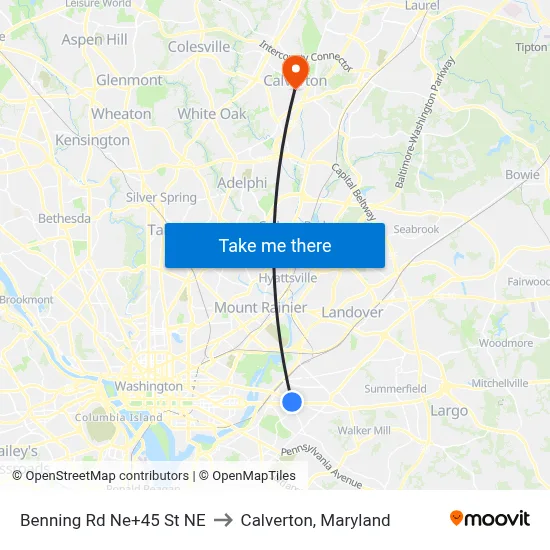 Benning Rd Ne+45 St NE to Calverton, Maryland map