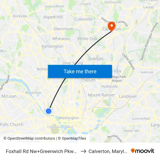 Foxhall Rd Nw+Greenwich Pkwy NW to Calverton, Maryland map