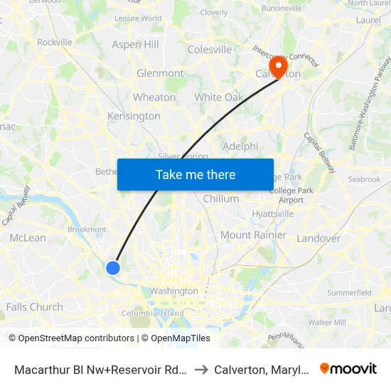 Macarthur Bl Nw+Reservoir Rd NW to Calverton, Maryland map