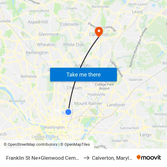 Franklin St Ne+Glenwood Cemetery to Calverton, Maryland map