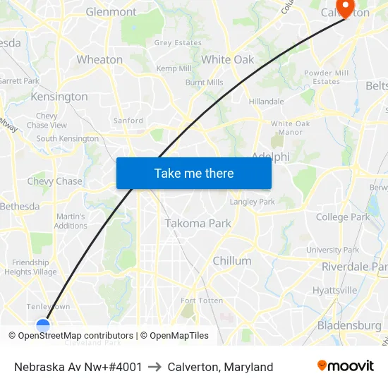 Nebraska Av Nw+#4001 to Calverton, Maryland map