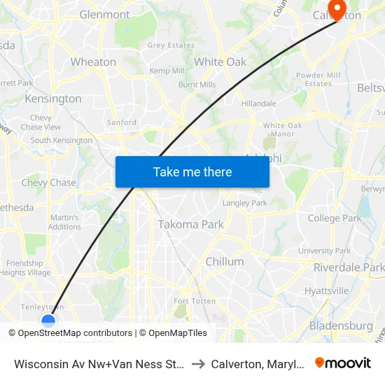 Wisconsin Av Nw+Van Ness St NW to Calverton, Maryland map