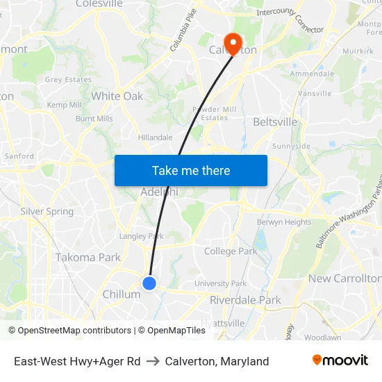 East-West Hwy+Ager Rd to Calverton, Maryland map