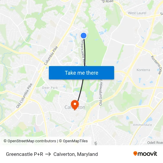 Greencastle P+R to Calverton, Maryland map